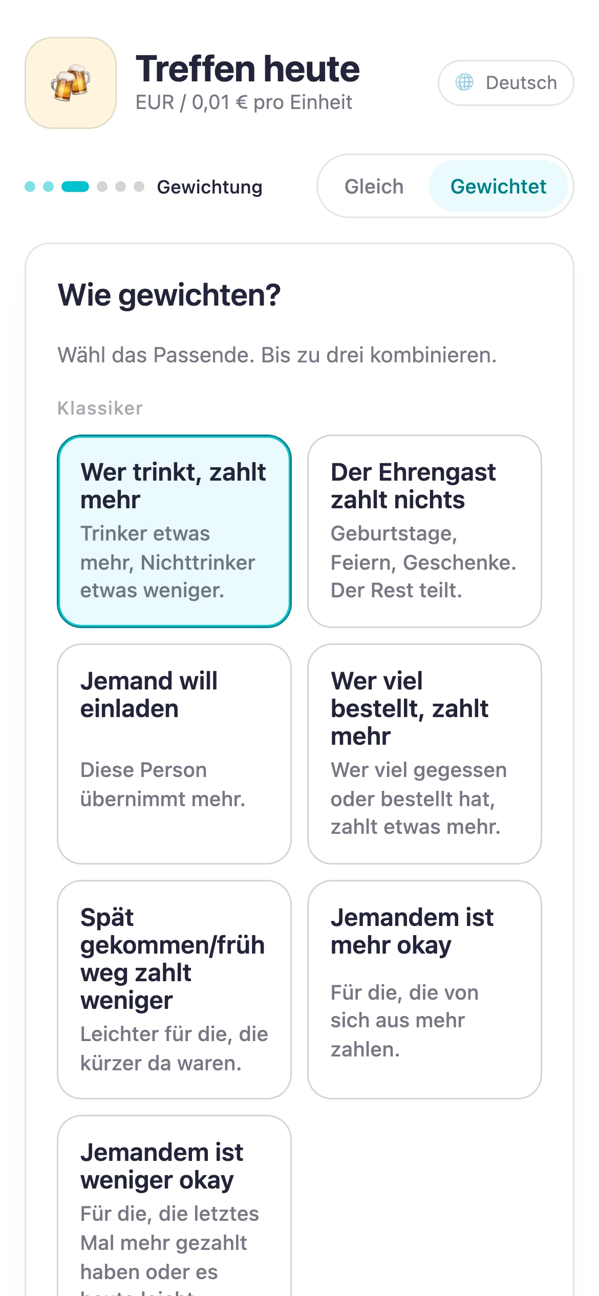 Suguwari-Bildschirm zur Auswahl einer fairen Gewichtung