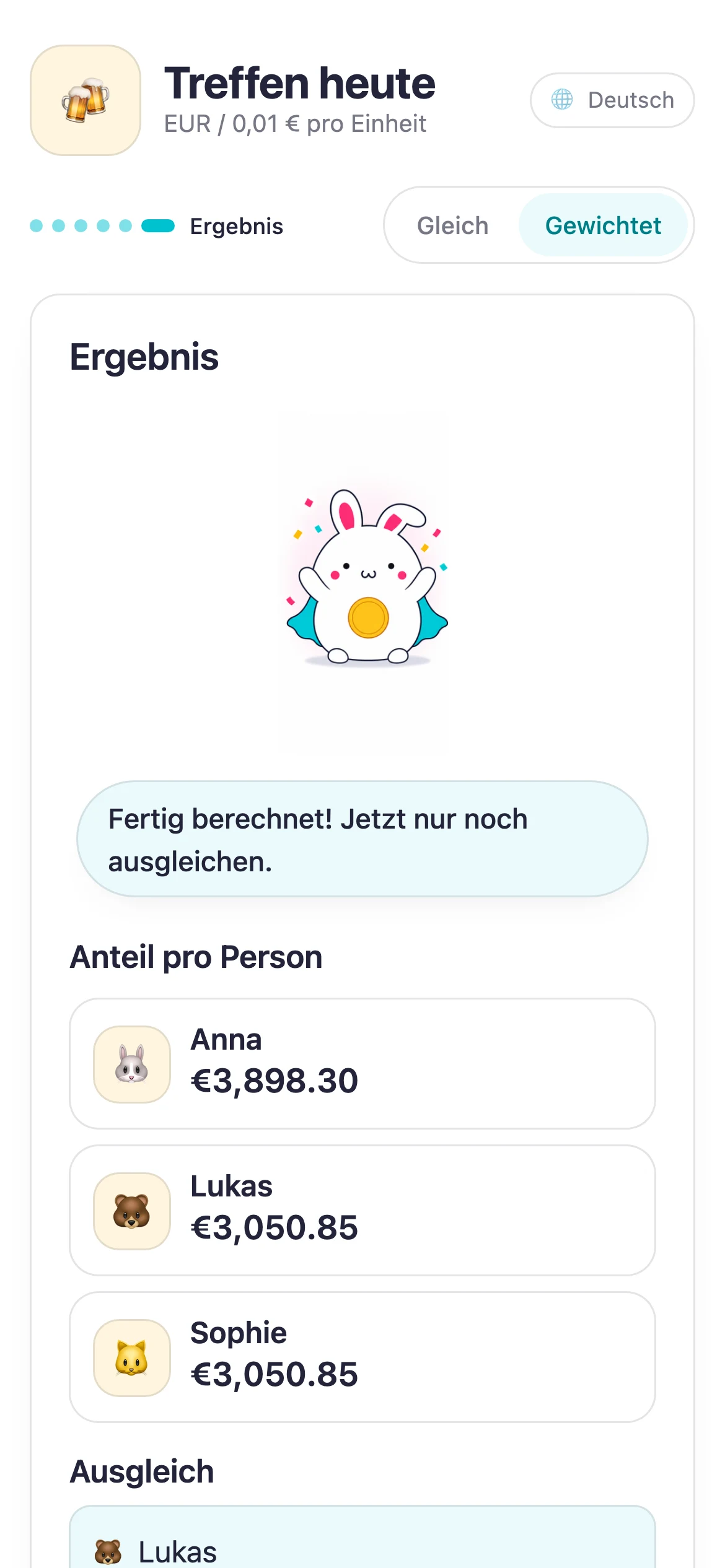 Suguwari-Ergebnis mit Anteilen und Überweisungen