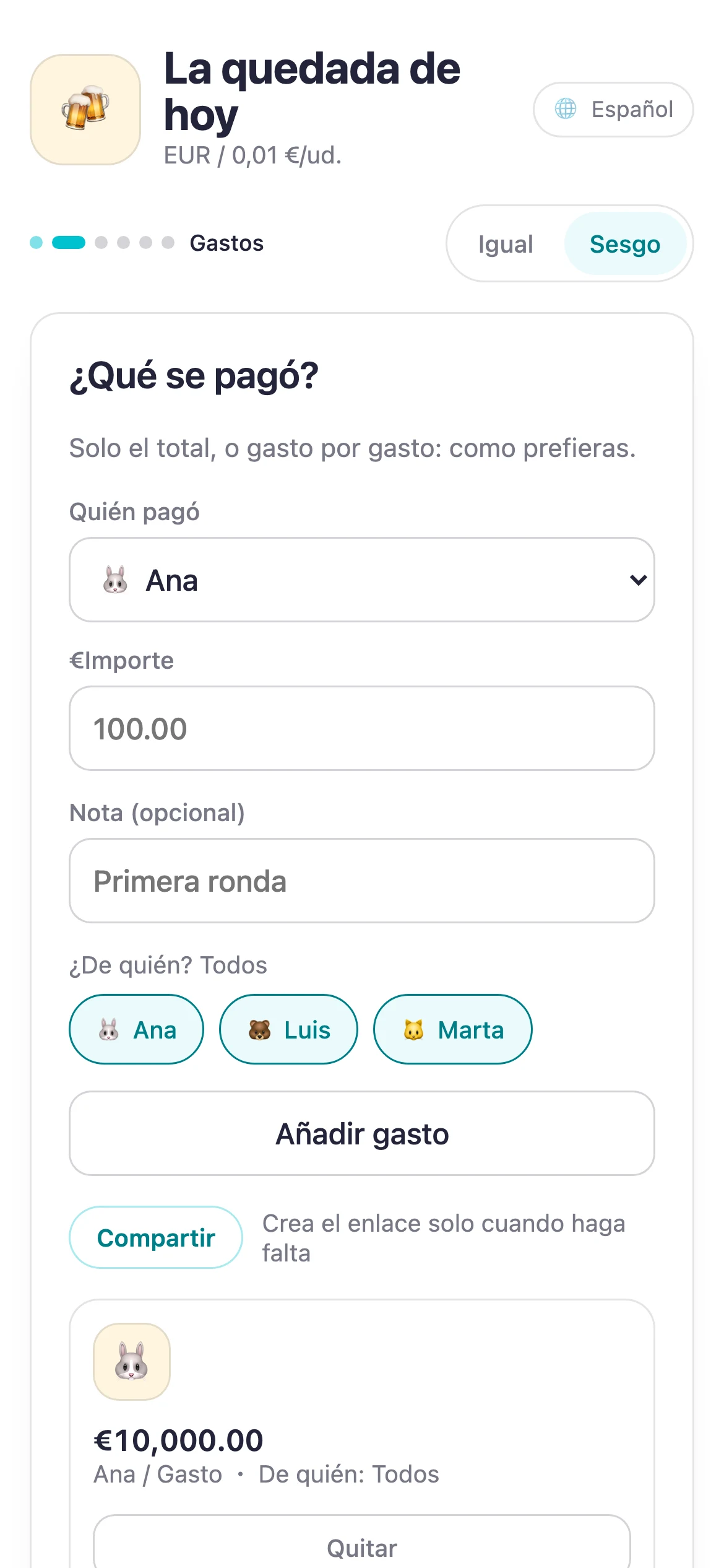 Pantalla de Suguwari con un gasto añadido