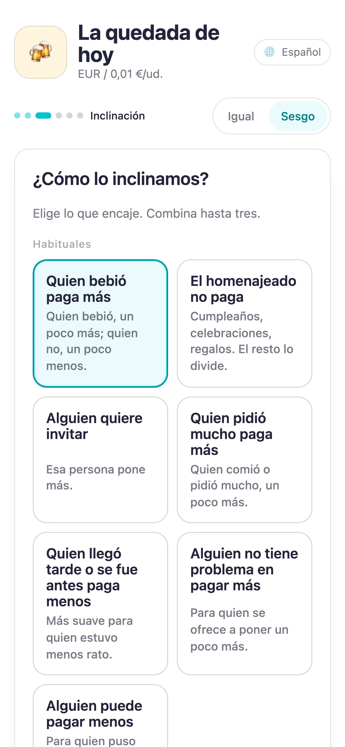 Pantalla de Suguwari para elegir un reparto justo