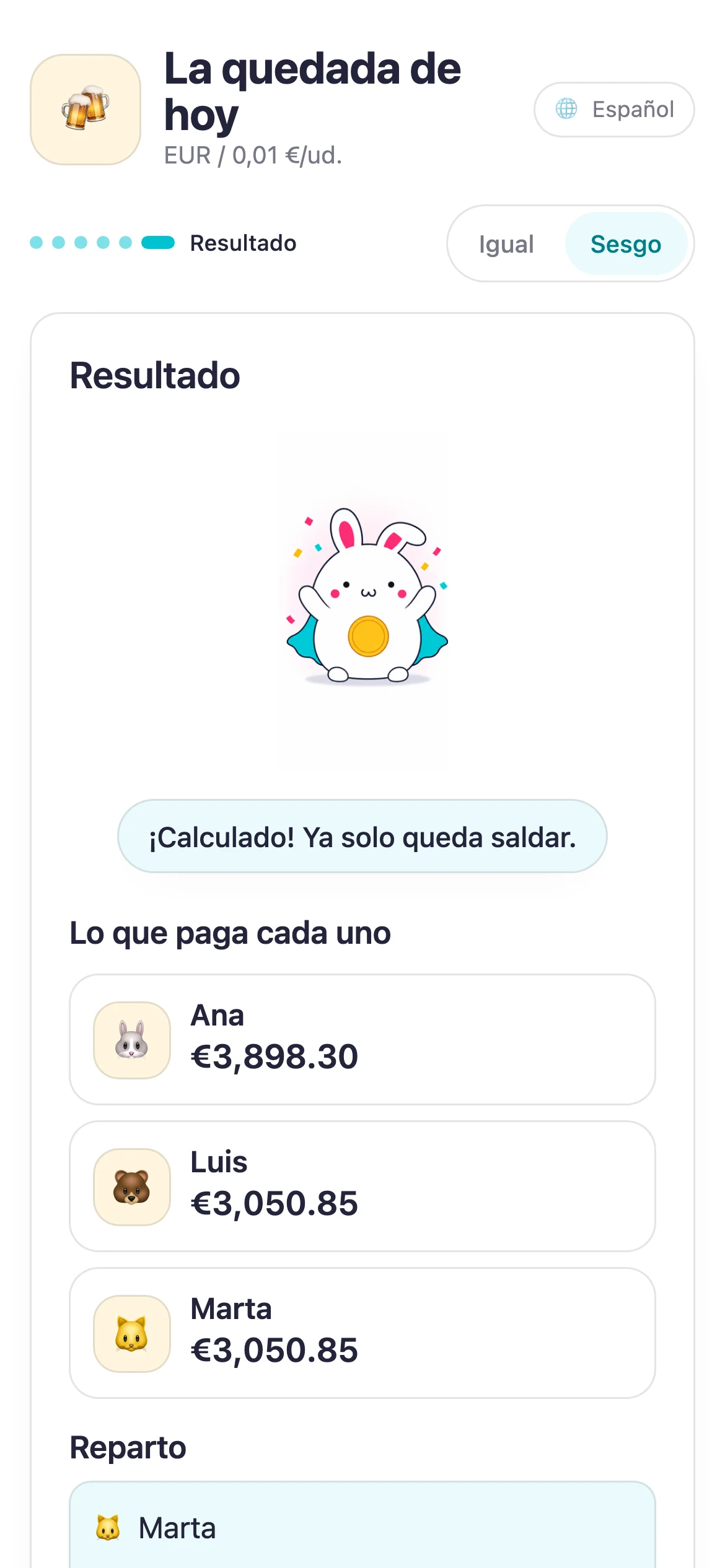 Resultado de Suguwari con importes y transferencias