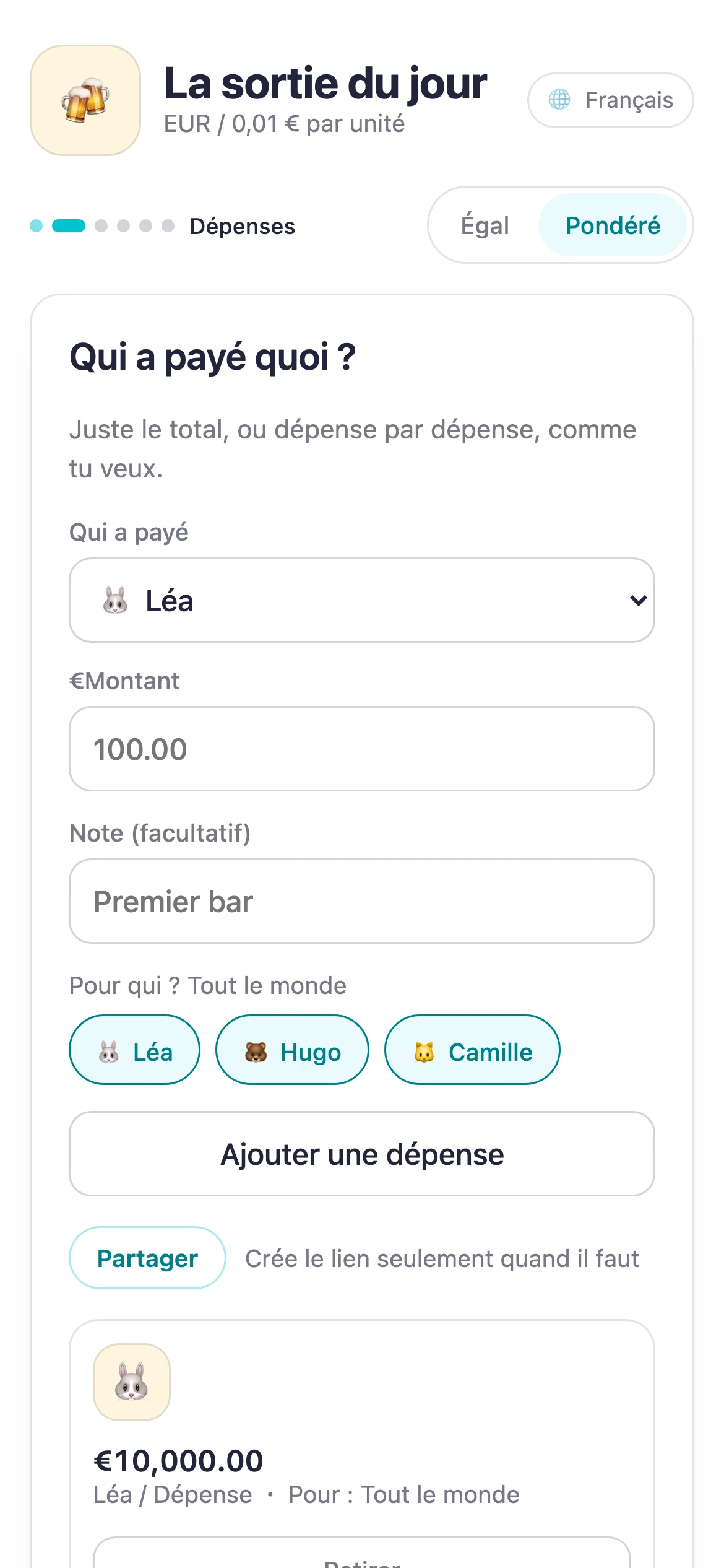 Écran Suguwari avec une dépense saisie