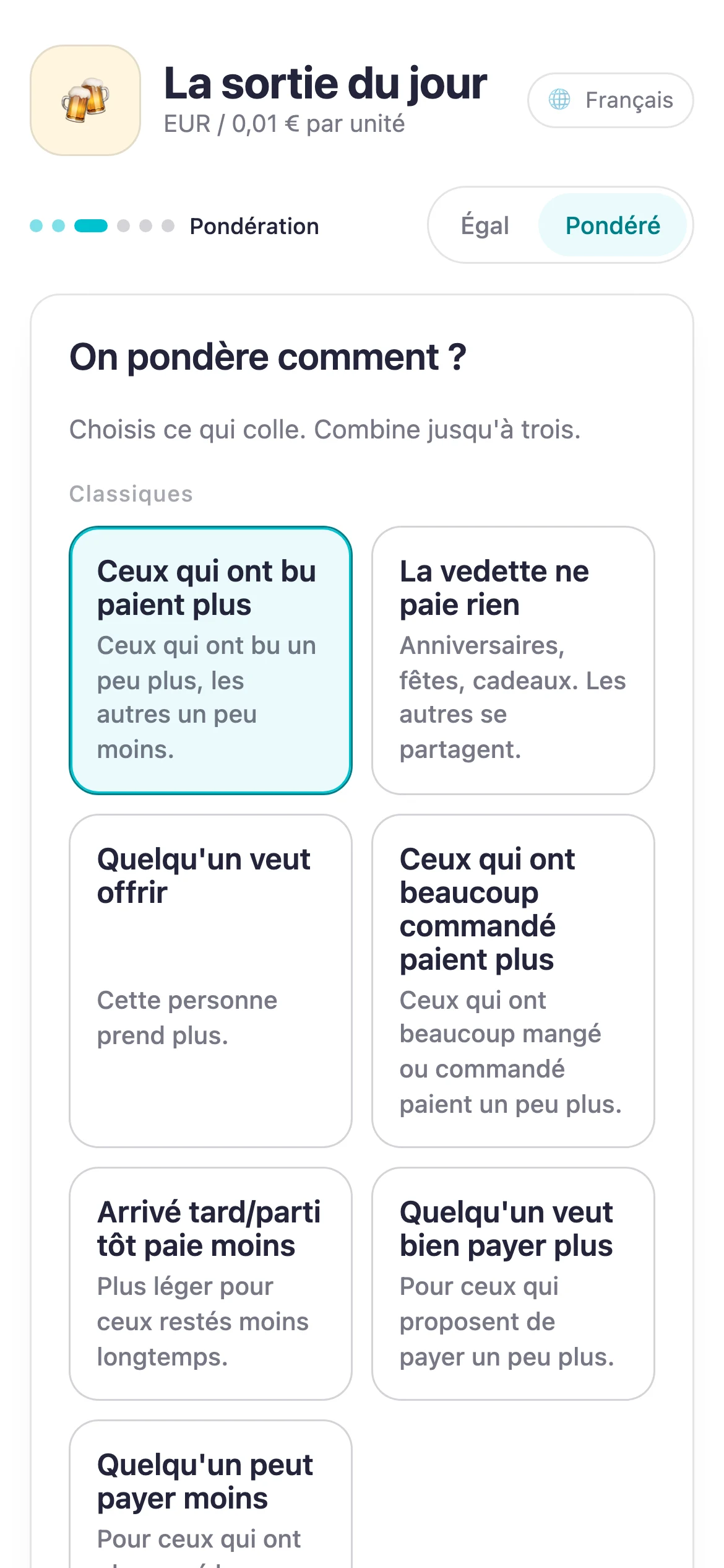 Écran Suguwari pour choisir une pondération équitable