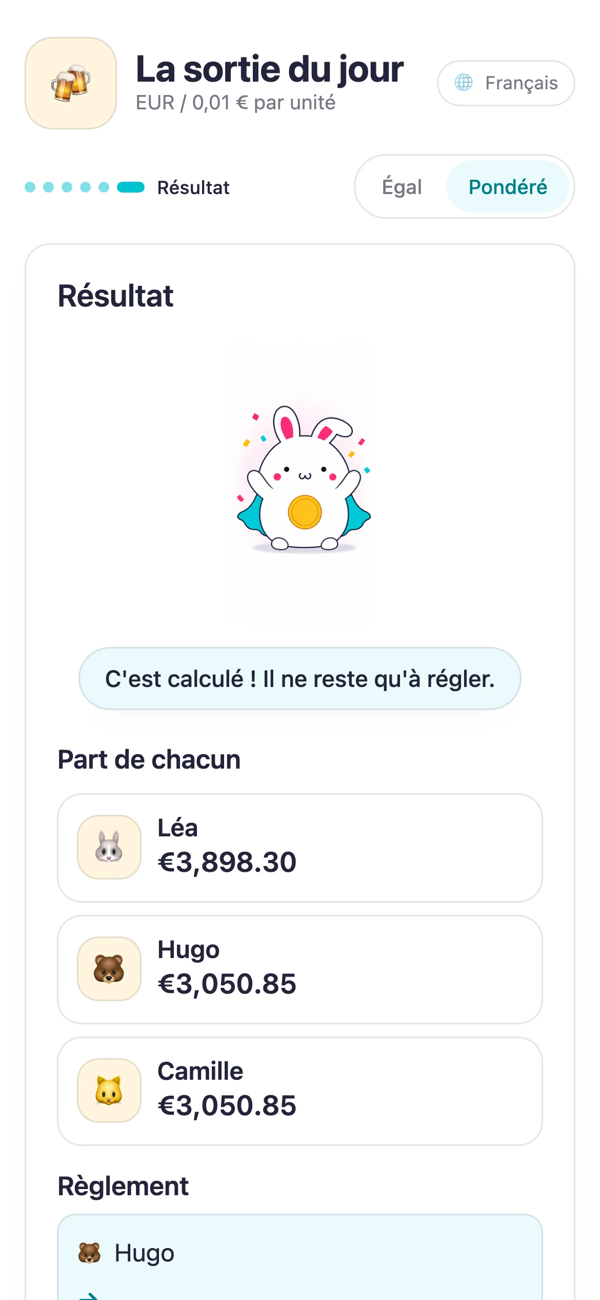 Résultat Suguwari avec les parts et les virements
