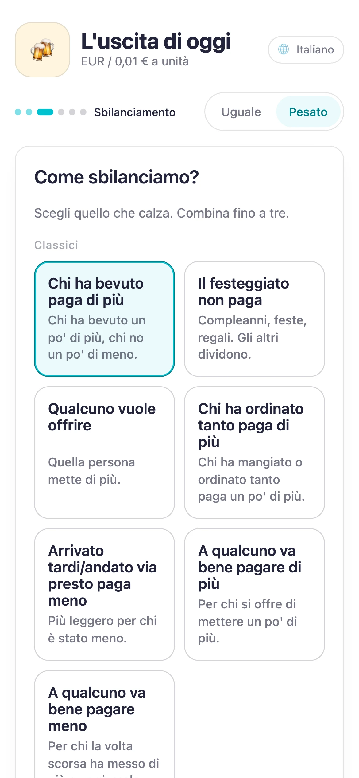 Schermata Suguwari per scegliere un peso equo