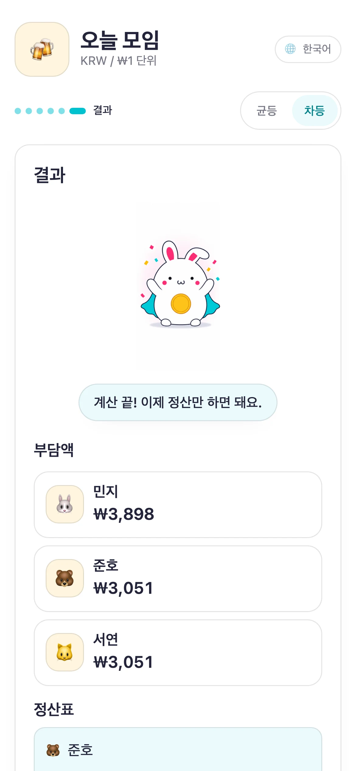 부담액과 송금 내역이 나온 Suguwari 결과 화면