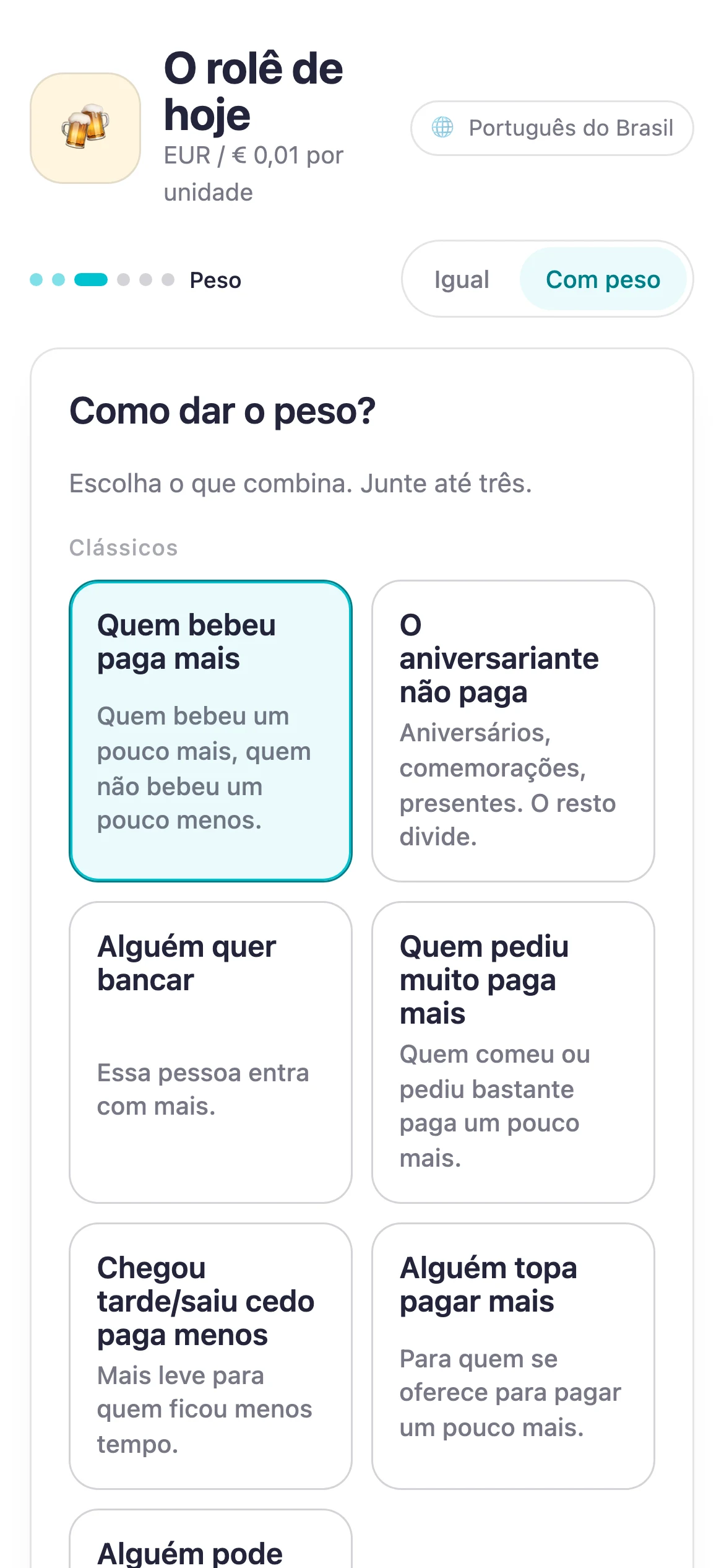 Tela do Suguwari para escolher um peso justo