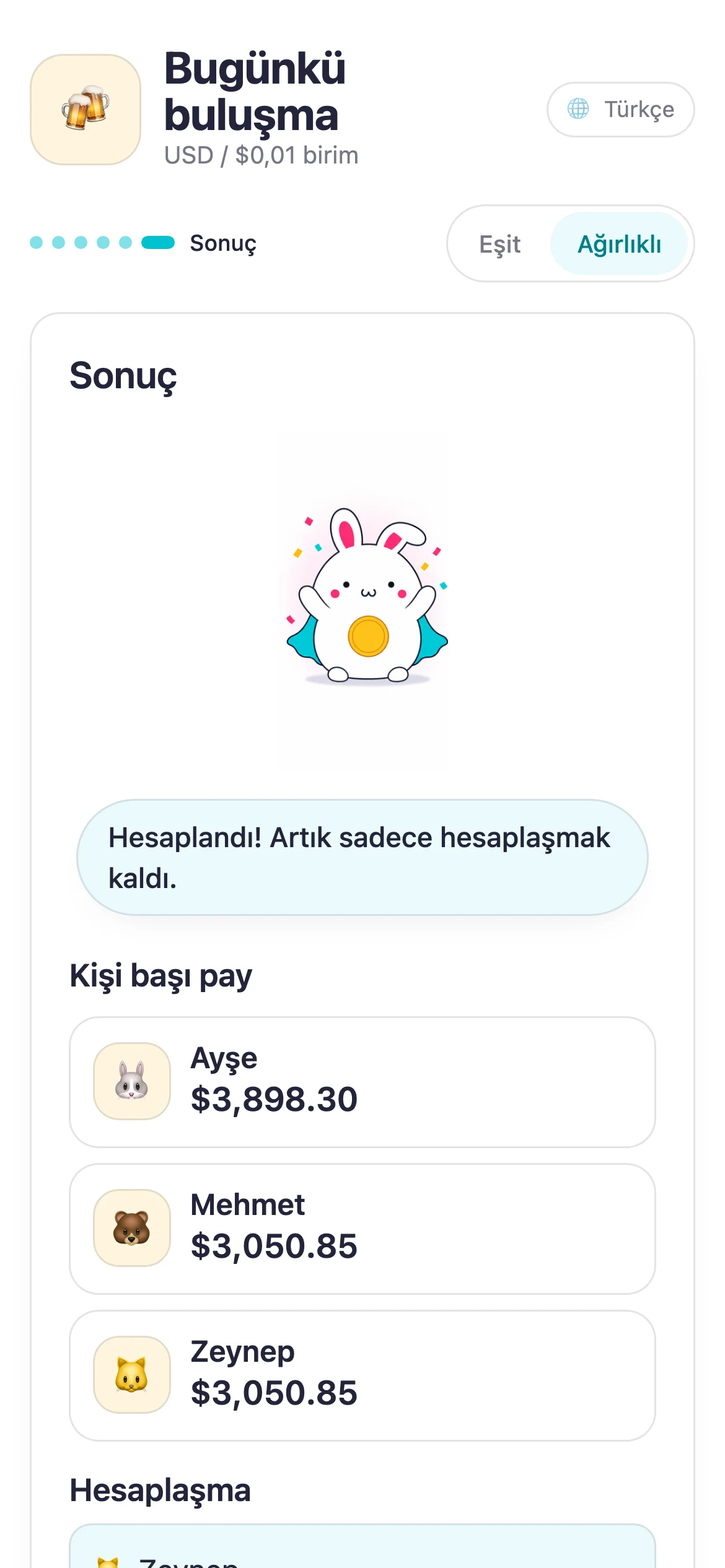 Payları ve transferleri gösteren Suguwari sonucu