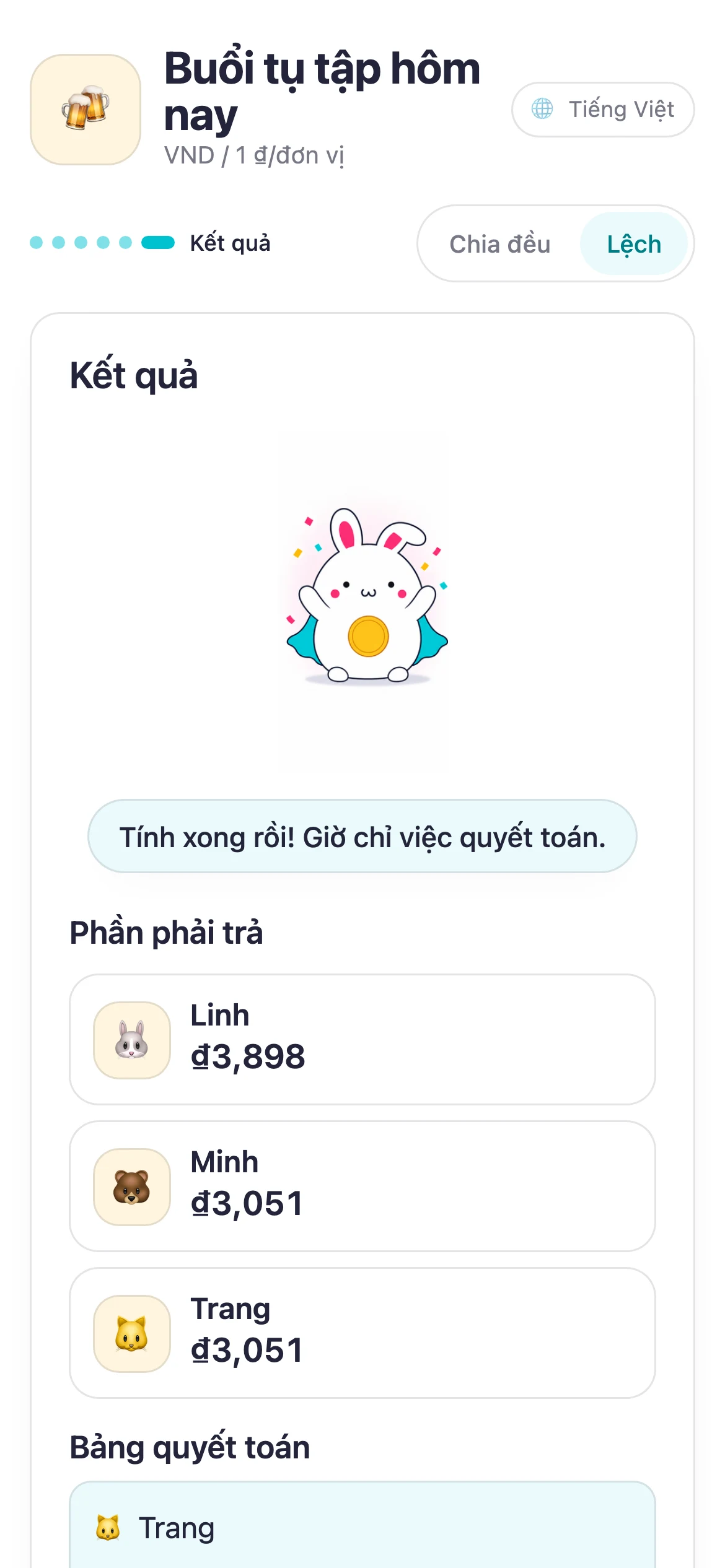 Kết quả Suguwari hiển thị phần phải trả và các lượt chuyển