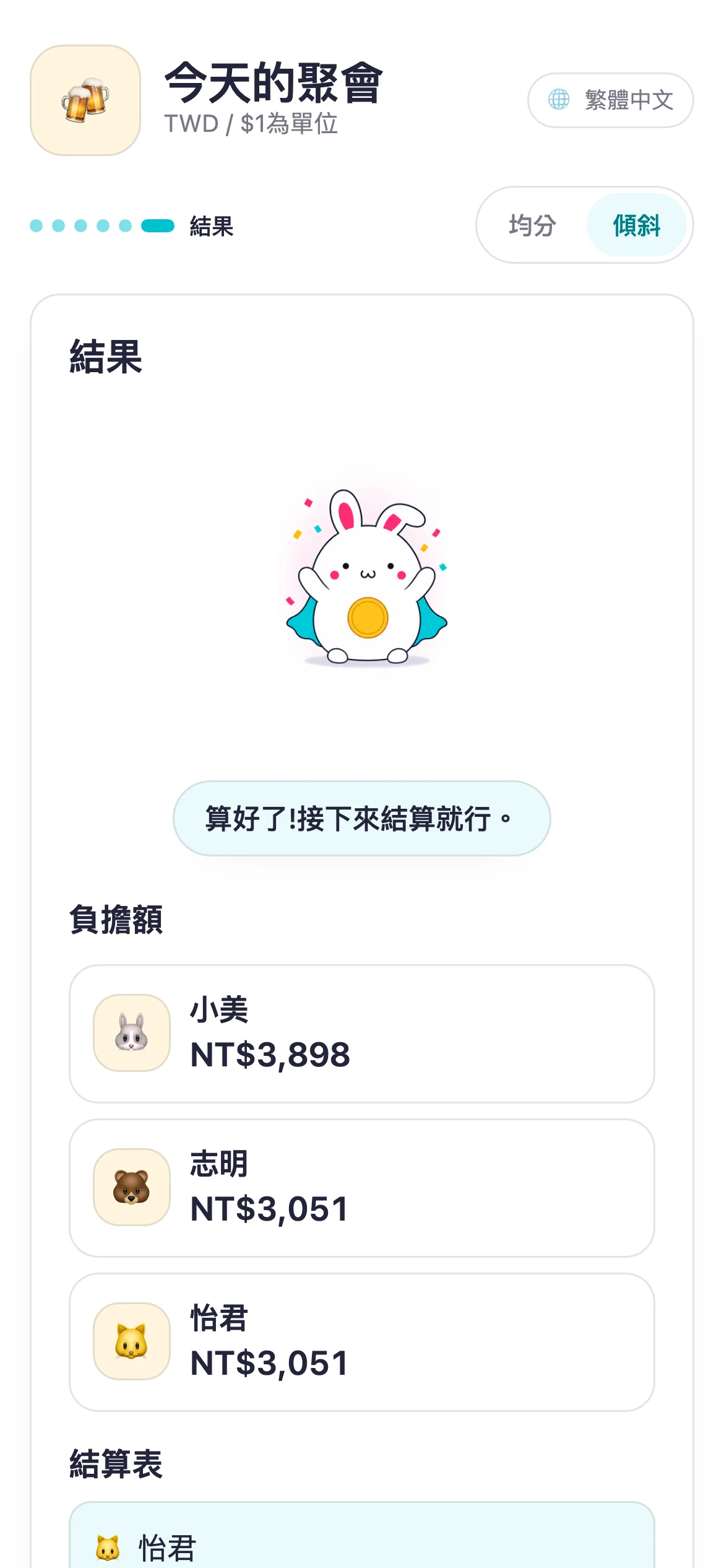 顯示負擔金額與轉帳方式的 Suguwari 結果畫面