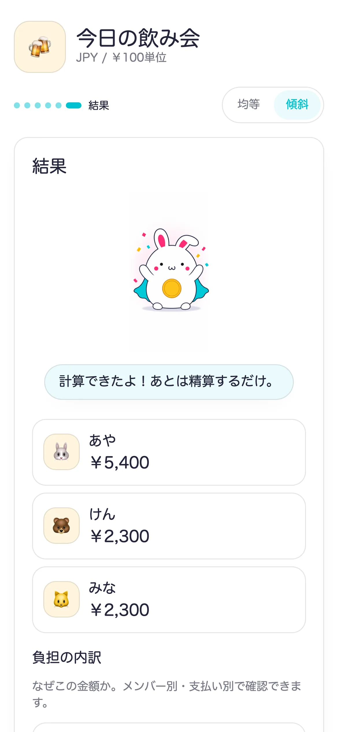 スグワリの結果画面。あや ¥5,400、けん ¥2,300、みな ¥2,300 と誰がいくらか出ている